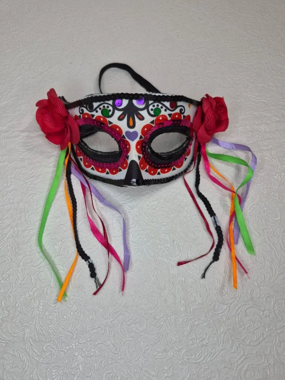 Adult Sequin Floral Halloween Masquerade Costume Mask Red Black Pink Streamers